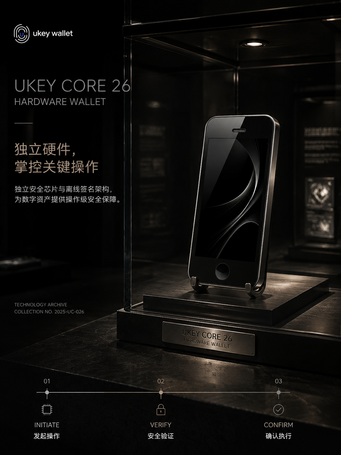 UKey Core 26 产品海报，展示大屏触控硬件冷钱包与设备端确认定位。